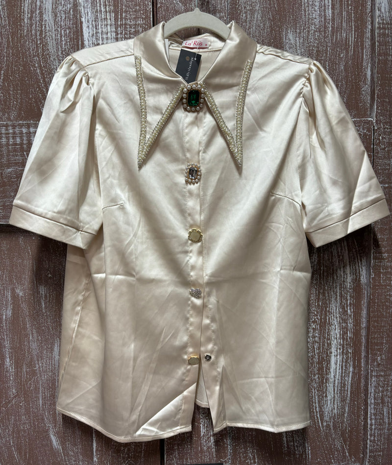 BLUSA BEIGE PERLAS Y RHINESTONES